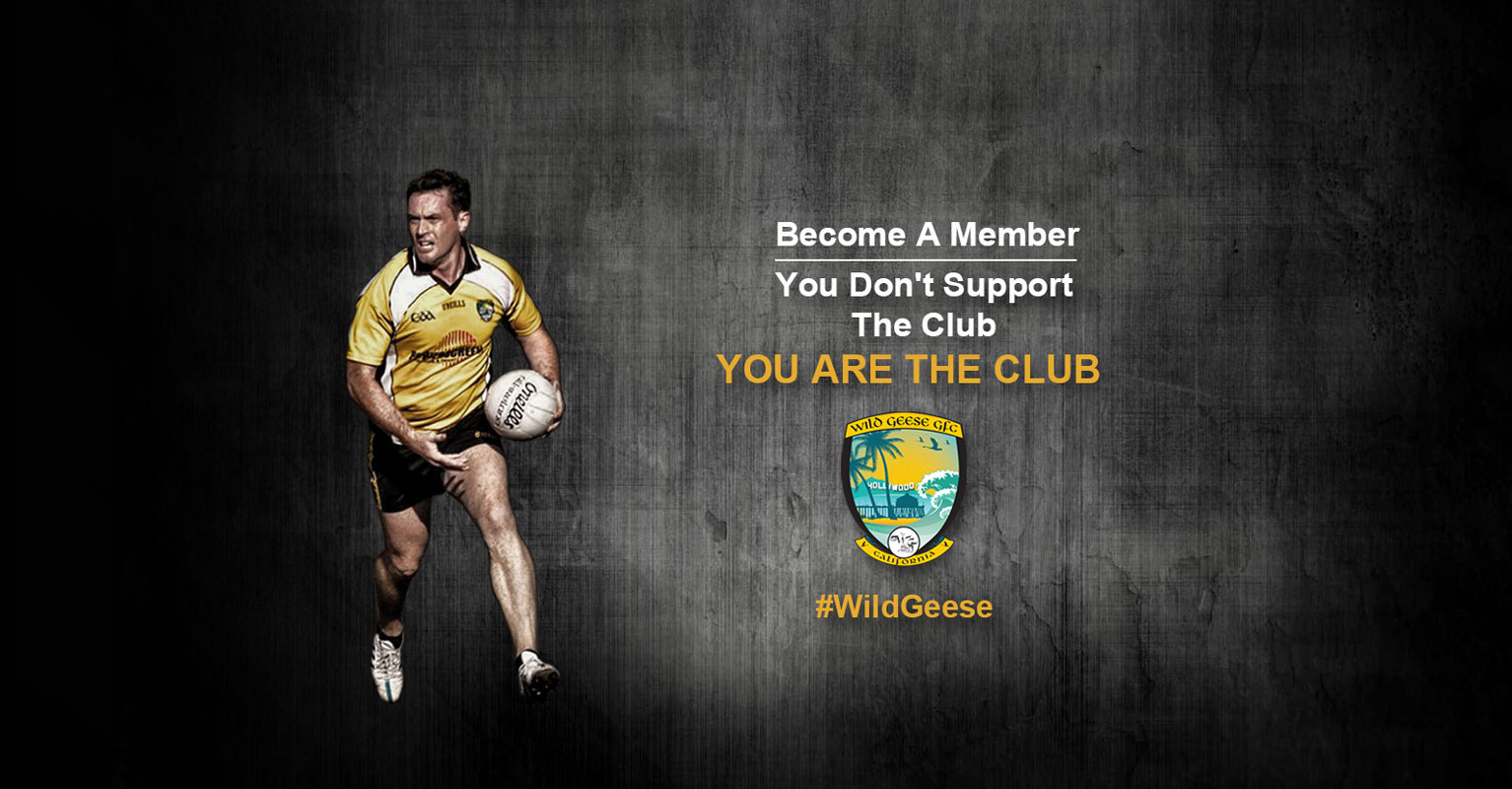 Wild Geese player in club kit running with a Gaelic football - Become a member
