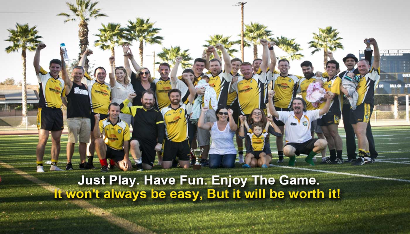 Wild Geese GFC players and supporters celebrating on the field under California palm trees